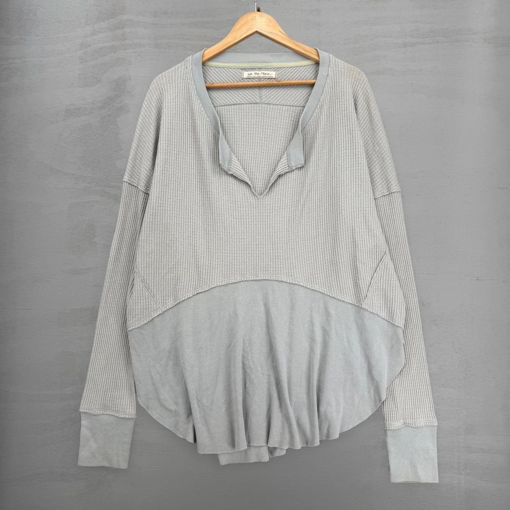 We The Free Monterey Thermal Top Grey Waffle Knit Mixed Media Long Sleeve Medium